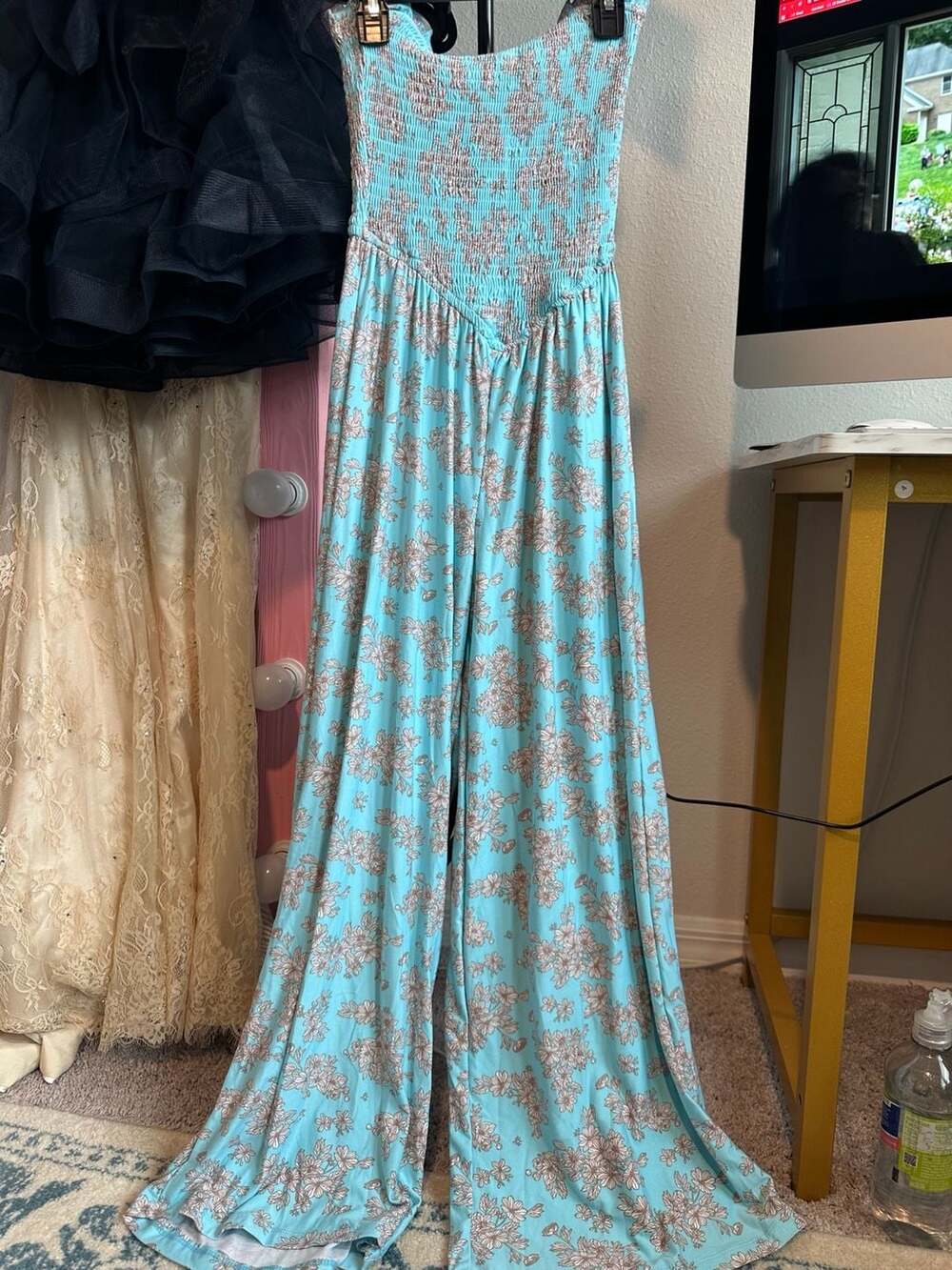 No Comment Jumpsuit Blue Floral Smocked Wide Leg